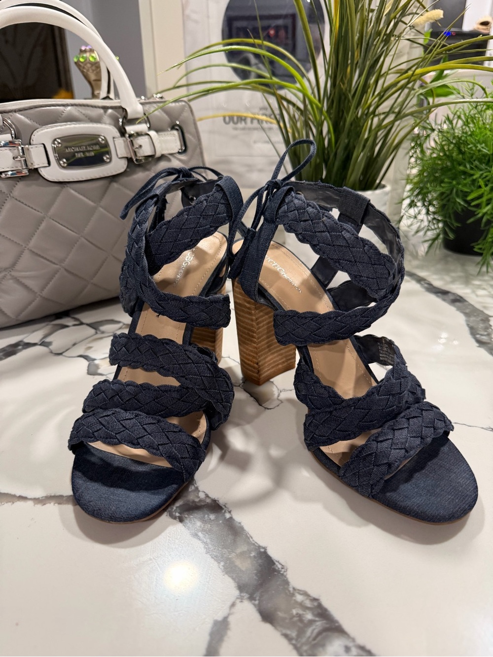 BCBGeneration Navy Braided Lace-Up Block Heel Sandals
